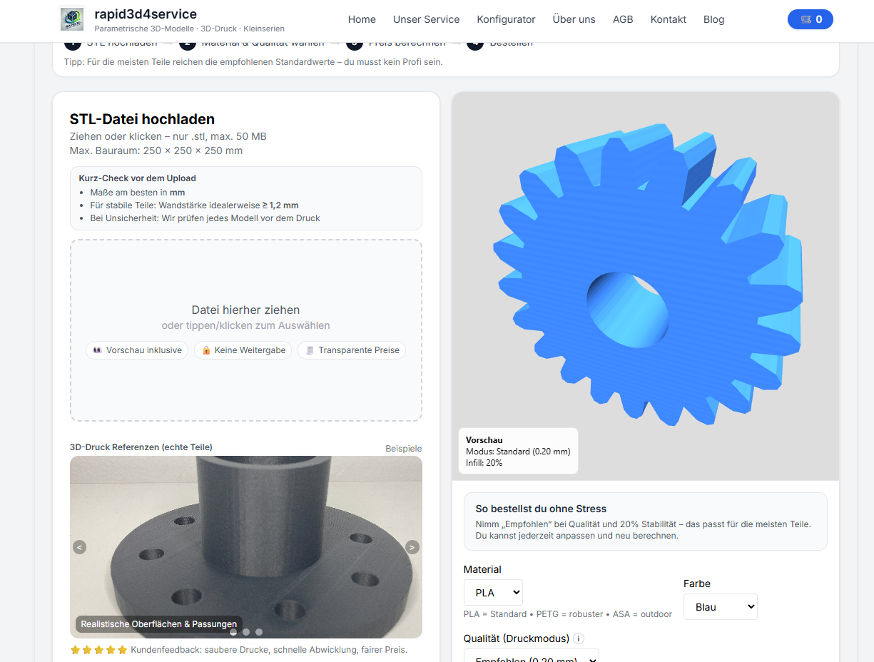 3D Druck Service: STL hochladen, 3D-Vorschau sehen und Preis in Echtzeit berechnen